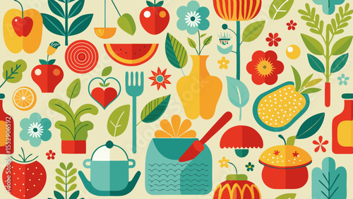 Colorful pattern showing kitchenware, vegetables and fruits, useful for menu designs or cooking blog backgrounds.