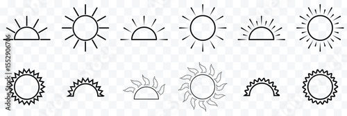 sun icon set, sunshine and solar glow, sunrise or sunset. Decorative circle full and half sun and sunlight. Hot solar energy for tan. Vector EPS 10