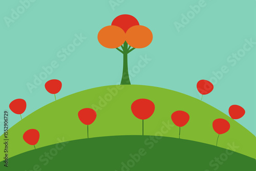 Abstract Hilltop Landscape Simple Tree and Red Flower Design