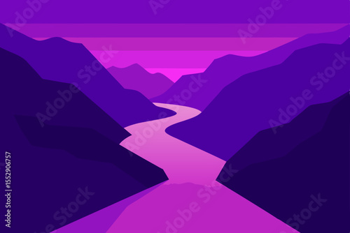 Purple Mountains and River Landscape A Serene Minimalist Illustration