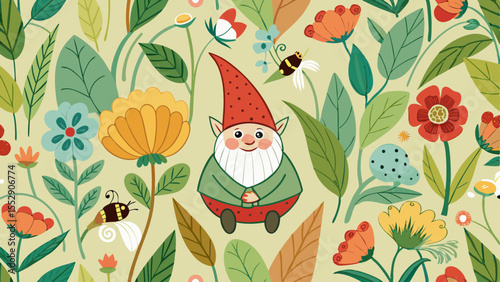 Cheerful garden gnome among colorful flowers and foliage creates a whimsical, natural graphic for design elements and springtime projects.
