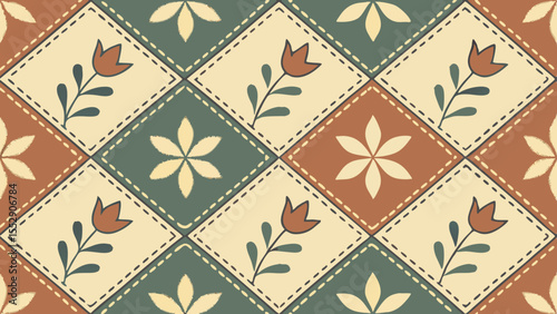 Charming floral pattern design featuring hand-drawn tulips and flowers on a patchwork tile arrangement creating a rustic aesthetic.