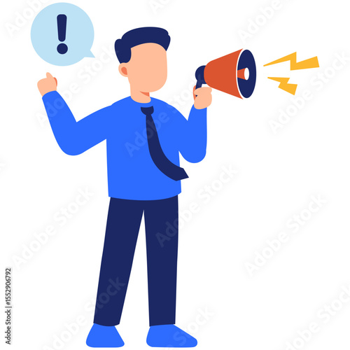 Person Using Megaphone to Announce Important Message with Exclamation Mark in a Business Context