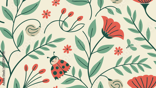 Charming floral background with delicate leaves and red flowers, also featuring an adorable ladybug, perfect for springtime designs.