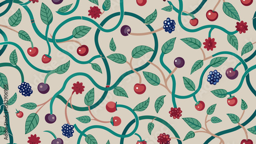 Delightful fruity pattern showcasing cherries, blackberries, and greenery creates a beautiful nature-inspired design.