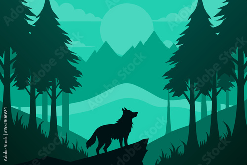 Majestic Lone Wolf Silhouette in Emerald Forest Night Nature Landscape