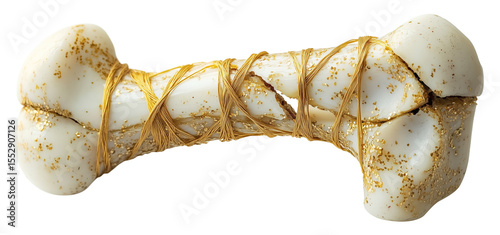 Broken bone held together by golden threads symbolizes resilience and beauty in imperfection., isolated