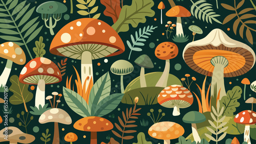 Enchanting forest floor design with whimsical mushrooms and delicate foliage creates a natural seamless repeat pattern.