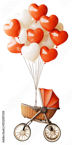 Wicker baby stroller with red and white heart shaped balloons attached, creating whimsical and joyful scene., isolated