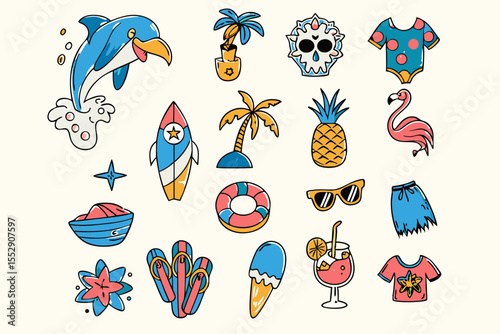 Tropical summer vector illustration set. shark, flamingo, skull, pineapple, surfboards, palm tree and more.