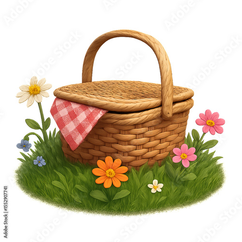 Charming Picnic Basket Surrounded by Colorful Wildflowers on Grass