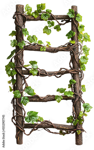 Rustic ladder made from intertwined vines and logs, adorned with lush green leaves, creating natural and organic look., isolated