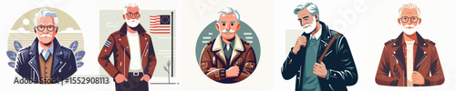grandfather wearing leather jacket flat design