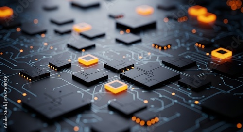 Close up macro shot of futuristic circuit board with glowing orange components