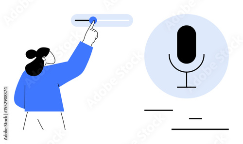 Person interacting with a slider to adjust audio settings next to a microphone icon. Ideal for sound settings, voice input, technology interaction, digital assistant, user interface, audio