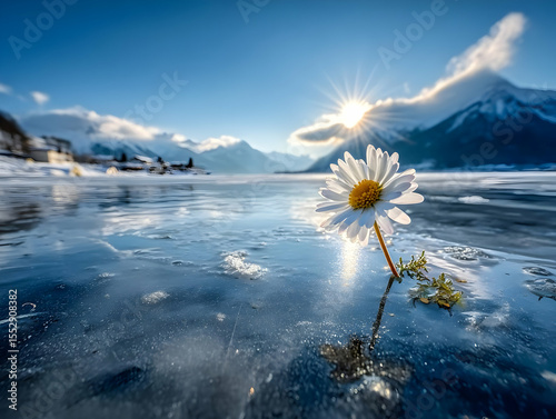 A resilient flower blooms amidst icy terrain, symbolizing hope and beauty in harsh, frozen landscapes.