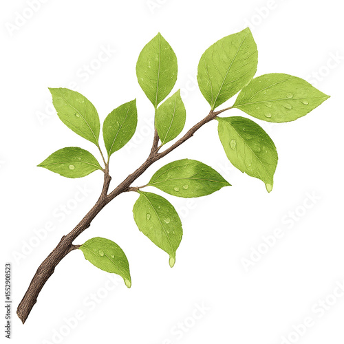 Fresh Green Leaves on Branch with Dew Drops for Serene Aesthetic