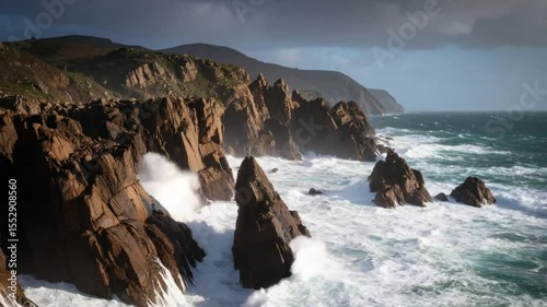 Dramatic coastal cliffs, ocean waves crashing, rugged landscape, background hills, travel