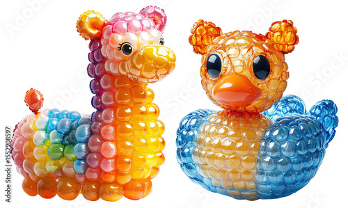Colorful balloon animals, llama and duck, crafted from bubble wrap create playful and whimsical scene., isolated