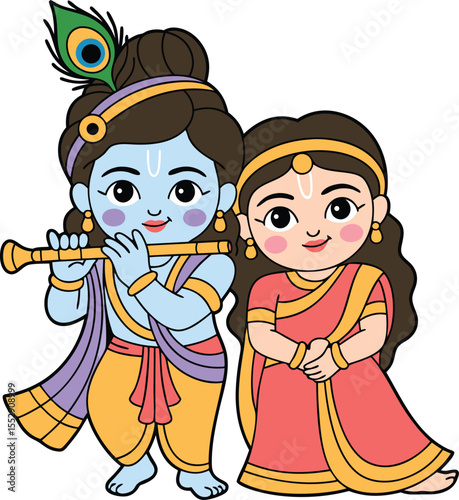 Cute cartoon flat style hindu lord radha and krishna Indian deities illustration