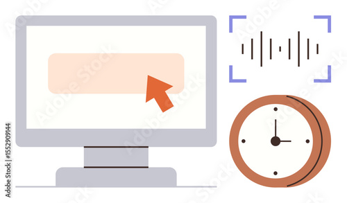 Computer monitor displays cursor clicking button, soundwave represents audio, clock symbolizes time. Ideal for productivity, technology, multitasking, efficiency, communication, time management