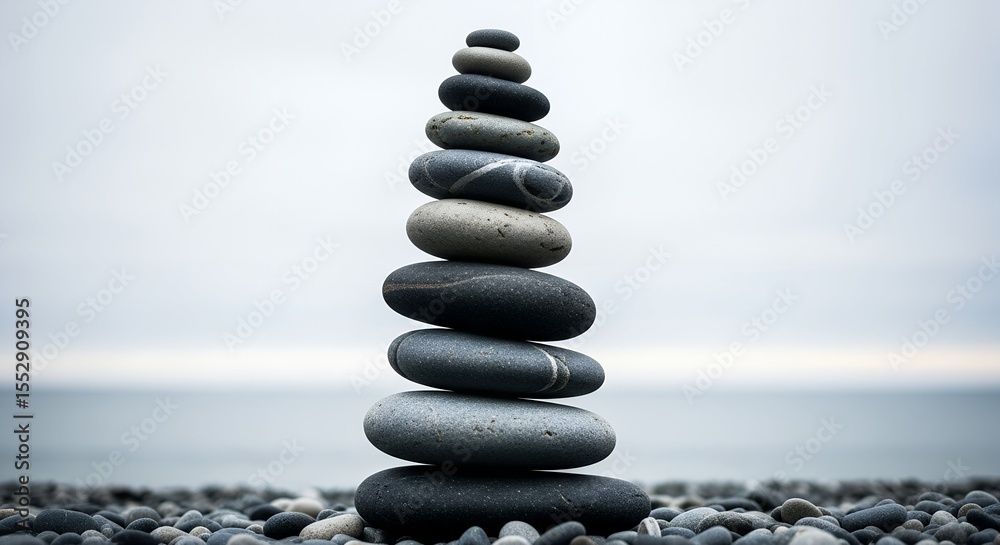 Fototapeta premium Zen stone tower on pebble beach