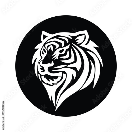 Tiger head vector logo in black circle background, featuring bold tribal line art, used in mascot design, tattoos, branding, and wildlife concepts.