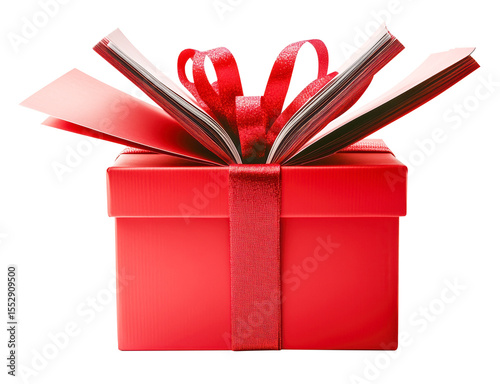 Open book emerges from vibrant red gift box, symbolizing surprise and discovery., isolated