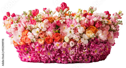 Vibrant floral arrangement shaped like crown, symbolizing beauty and power, with pink, orange, and white flowers., isolated