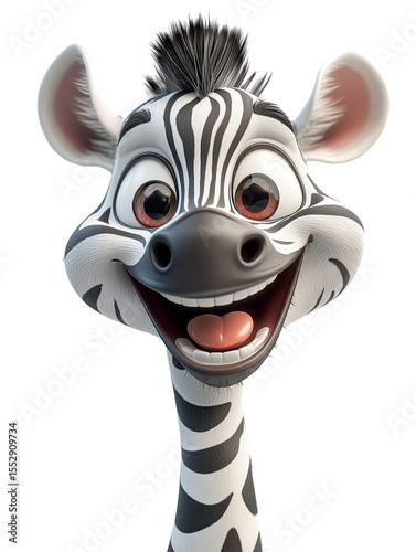 Cartoon zebra with joyful expression and wide eyes, showcasing its black and white stripes., isolated