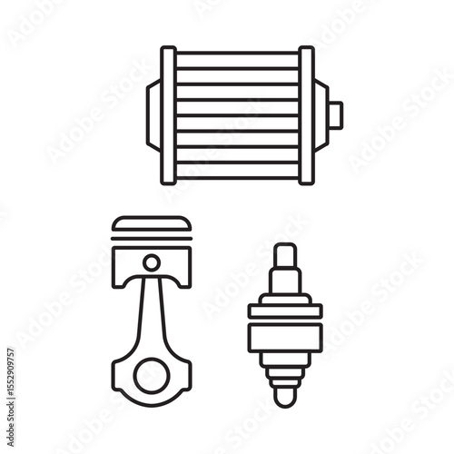Car Engine Parts Line Art Piston Radiator Spark Plug
