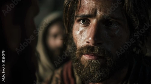 Photorealistic depiction of Jesus predicting Peter's denial, capturing a tense moment filled with emotion and foreboding. Context: Bible, Matthew 26:34.