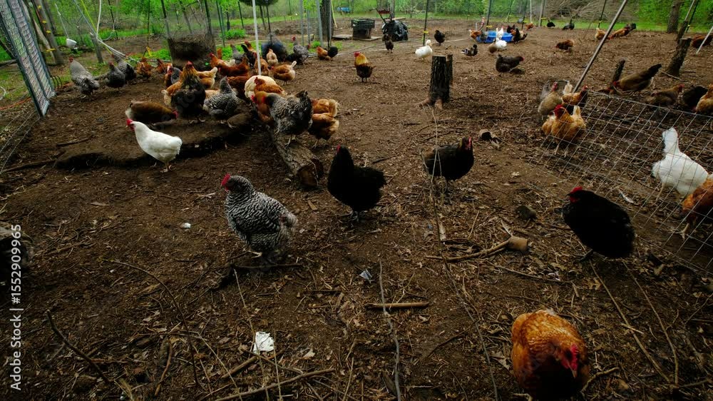 Variety of organic cage free hens roaming and pecking soil in outdoor enclosure - late afternoon shot in overcast day