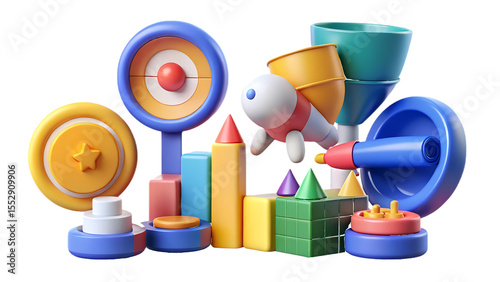 3 D rendered colorful children's toys isolated on a transparent background