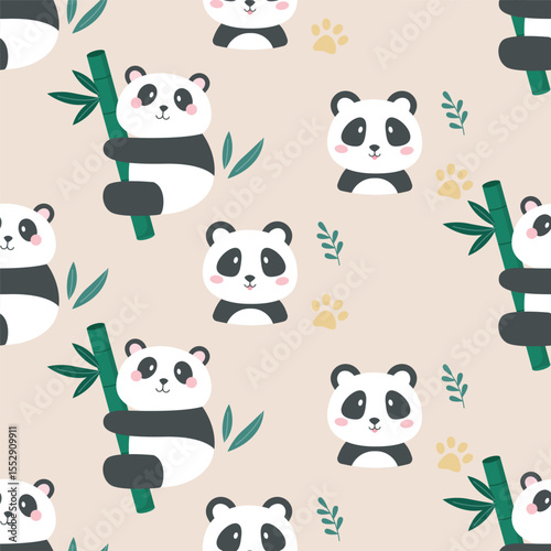 seamless pattern with panda is a bear species endemic to China, bamboo shooots, dancing panda, black and white vector art illustration design