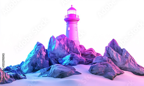 Coastal lighthouse on jagged rocks with smooth gradient hues against white backdrop