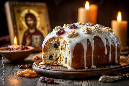 A delicious festive bread adorned with icing, surrounded by candles and a religious icon, perfect for celebrations.