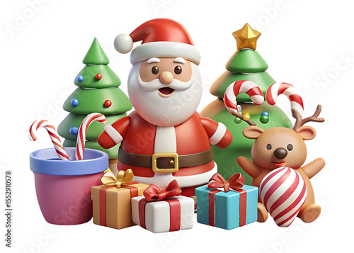 Cartoon Santa Claus with Christmas Trees and Gifts isolated on a transparent background
