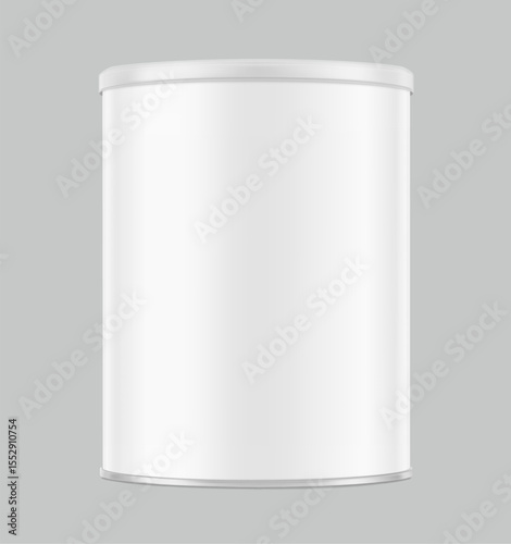 Tin can mockup for infant nutrition, baby powder milk, food. Vector illustration isolated on grey background. Easy to use for presentation your product, idea, promo, design. EPS10.