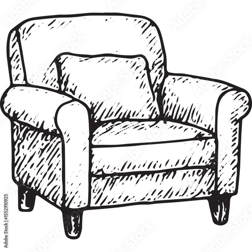 Hand-drawn sketch of a plush armchair with tufted back and cushioned seat, perfect for cozy living room decor, ideal for vintage or modern interior design and furniture illustration