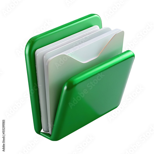 Green 3 D Folder with White Paper isolated on a transparent background