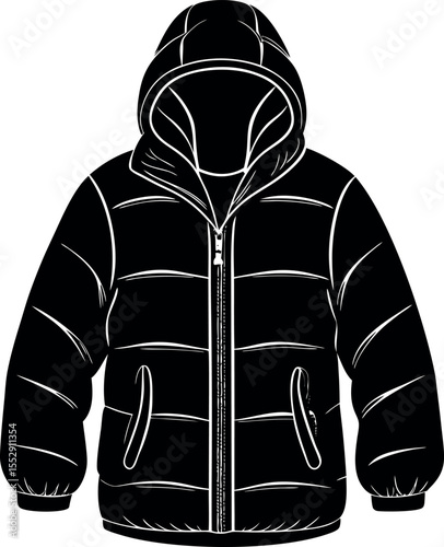 Padded winter jacket with hood clothing silhouette vector illustration