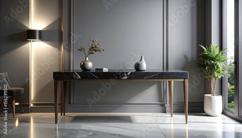 Monochrome console table with dark stone surface and thin legs, resting against a smooth wall with ambient side lighting.
