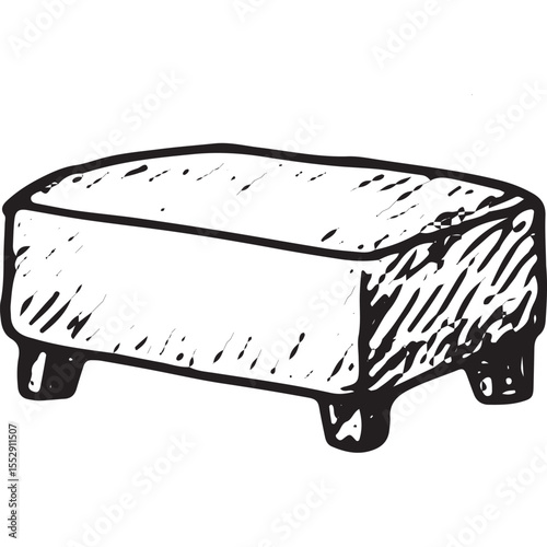 Hand-drawn sketch of a cushioned ottoman, perfect for living room seating, ideal for vintage or modern interior design illustrations
