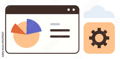Dashboard with pie chart and analytics, gear inside cloud for settings. Ideal for business data, cloud computing, digital tools, IT technology, workflow optimization, software management, simple flat