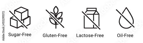 General features icons for food dietary supplement labeling, Sugar-free, gluten-free, lactose-free, oil-free icon set for dietary preferences. vector illustration .