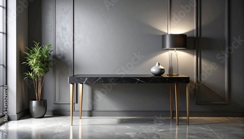 Monochrome console table with dark stone surface and thin legs, resting against a smooth wall with ambient side lighting.