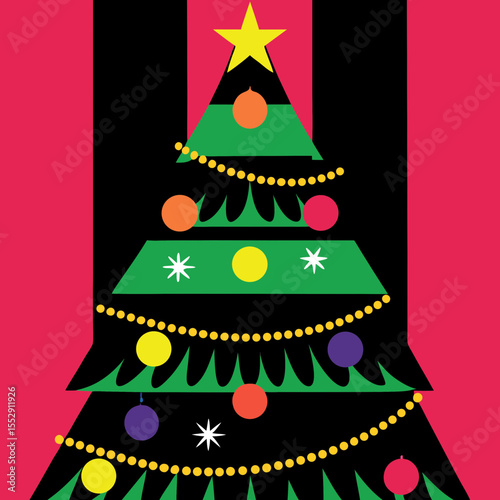A christmas tree with a star on top and ornaments with a red and black background in a square format