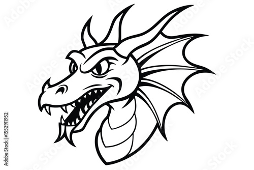 Intricate black and white dragon illustration showcasing its formidable head and powerful neck