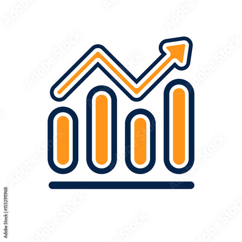 Flat modern illustration of a rising bar chart with upward trend line representing business growth financial success market analytics economic progress and performance tracking